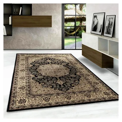 Produktbild von Orientteppich schwarz 160x230 cm – Kurzflor Teppich im klassischen Vintage-Stil für Wohnzimmer, Schlafzimmer und Esszimmer – Pflegeleicht und strapazierfähig
