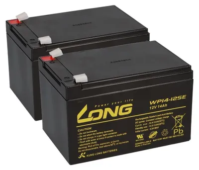Two black rechargeable batteries with yellow branding are shown in a studio setting against a white background.