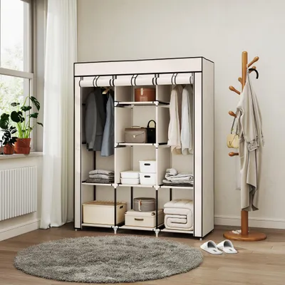 Zdjęcie produktu dla HOMCOM Szafa materiałowa Szafa materiałowa z drążkiem na ubrania i półkami, składana szafa na zamek błyskawiczny Szafa materiałowa do sypialni, garderoby, 125 x 43 x 162,5 cm Kremowo-biały