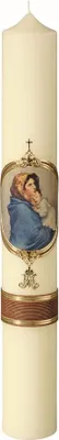 Produktbild von Marienkerze 60 x 8 cm, Maria mit Jesuskind, Handverziert mit Wachsplatten und Wachsborden