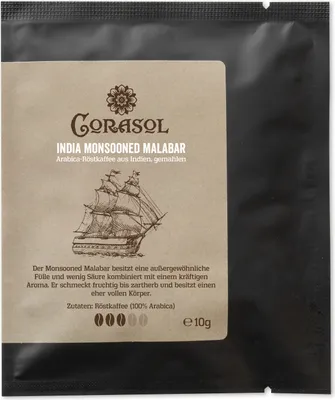 Produktbild von Corasol India Monsooned Malabar Arabica-Röstkaffee aus Indien, gemahlen (10 g im Coffeebag)