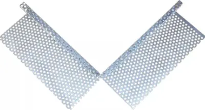 A v-shaped metal corner piece with perforations, isolated on a white background.