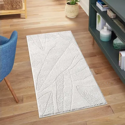 Produktbild von Kurzflor Teppich Creme - 80x150 cm - Wohnzimmer-Teppiche 3D-Effekt - Florales Muster