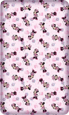 A repeating pattern of Minnie Mouse characters and hearts on a pink background.