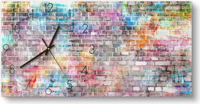 Produktbild von DEQORI Glasuhr 60x30 cm Zahlen 'Ziegelmauer mit Graffiti' Wanduhr Glas Uhr Design leise