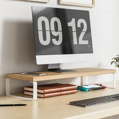 Image de Plateau élévateur de bureau en bois avec étagère blanche, dimensions : 50 cm x 20 cm x 8 cm