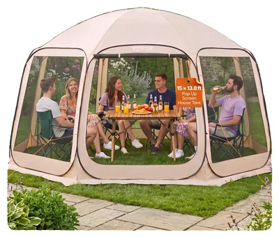 Immagine prodotto di Tenda da campeggio VEVOR, 457,2x420,6x245 cm, tenda per feste per 12-15 persone, tenda a scomparsa, inclusa borsa per il trasporto, pareti laterali in rete e picchetti, per giardino, patio e attività all'aperto, beige