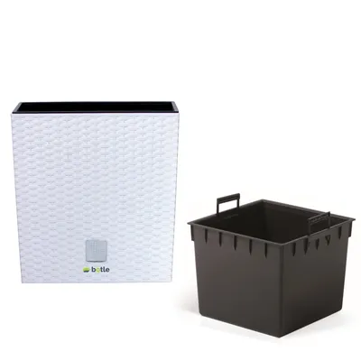 Produktbild von Blumenkübel 32 L Rattan-Optik Weiss Pflanzkübel h. 32,5 cm mit Innenkasten 21 L quadratisch Übertopf aus Kunststoff