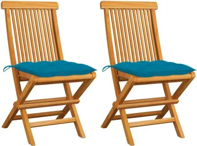 Produktbild von Gartenstühle mit Hellblauen Kissen 2 Stk. Massivholz Teak