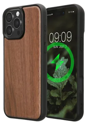 Image de Coque de protection en bois véritable kwmobile compatible avec l'iPhone 16 Pro Max d'Apple - Coque en bois et TPU - Compatible avec MagSafe - Coque marron foncé