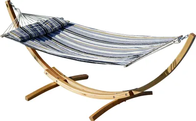 Produktbild von ALEOS. 320cm Hängemattengestell LIMITED EDITION BLANCA-LIM-GRAU Hängematte mit Gestell aus Holz Lärche natur mit Stabhängematte grau gestreift gefüttert und Polster Schrauben aus Edelstahl