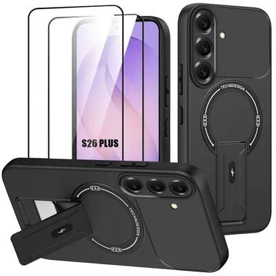 Image de Coque + 2 Verres Trempés pour Samsung Galaxy S26 Plus, avec Support et Cercle Magnétique - Noir