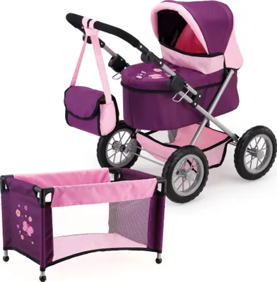 Produktbild von Bayer Design 13057AB Trendy Puppenwagen Set mit Bett und Tasche, verstellbarer Griff, große Räder, pflaume, rosa