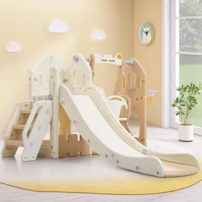 Obrázok produktu pre pP šmykľavka 5 v 1 pre deti od 3 do 8 rokov, hojdačka, šmykľavka, preliezačka, úložný priestor, basketbalový kôš, staroružová farba