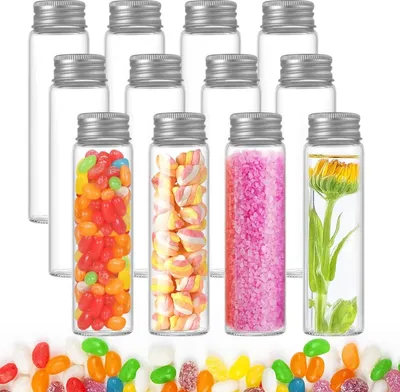 Produktbild von 12 Stück transparente Kunststoff-Reagenzgläser 110 ml mit Schraubverschluss - für Hydrokultur, Süßigkeiten und Gewürze