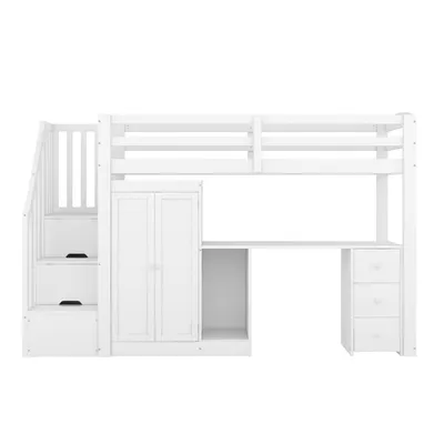 Produktbild von Flieks Etagenbett 90x200cm mit Rausfallschutz, Hochbett mit Kleiderschrank und Schreibtisch, Kinderbett mit Treppe, Jugendbett mit Lattenrost, Weiß