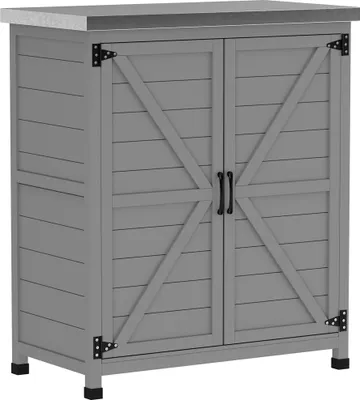 Produktbild von Gartenschrank Holz Outdoor wetterfest Geräteschuppen mit Arbeitsplatte, Doppeltür, Einlegeboden, Geräteschrank Mehrzweckschrank für Garten, Terrrasse, 79,00 cm, 43,00 cm, grau, 92,00 cm