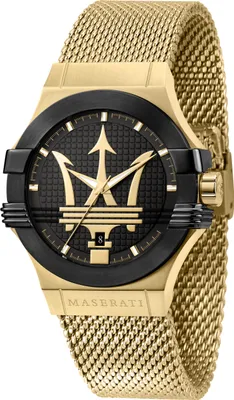 A close-up studio shot of a gold and black Maserati watch.
