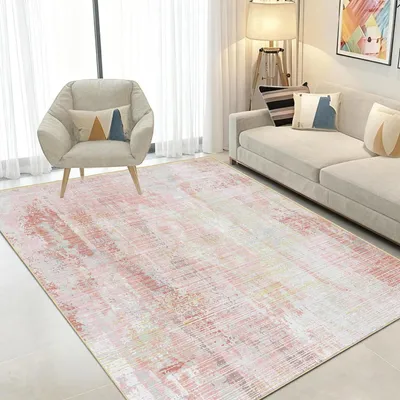Zdjęcie produktu dla Dywan do salonu, kolor różowy, odcień pudrowy, 140x200 cm, miękki dywan o krótkim włosiu, możliwość prania, antypoślizgowy, wzór abstrakcyjny
