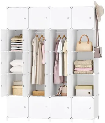 Obrázok produktu pre Uniqoos® Modulárna šatňová skriňa – 20 priehradiek (35 x 35 x 46,5 cm), kovový rám, plastové dosky, 2 vešiakové tyče a 10 háčikov