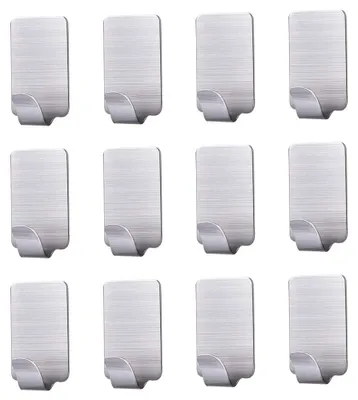 Image de 12 crochets adhésifs en acier inoxydable, crochets pour serviettes, crochets pour vêtements, crochets muraux, adhésifs, sans perçage, résistants à l'eau, pour le plafond, la salle de bains, la cuisine