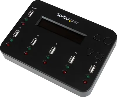 Image de StarTech.com Station de clonage et effaceur de clés USB 1:5, copieur pour plusieurs lecteurs USB, copie système et fichier et secteur par secteur, 1,5 Go/min, effacement simple et 3 passages, écran LCD, duplicateur de lecteur flash USB, 5 copies, USB 2.0, noir, copie, effacement, CF, MicroSD (TransFlash), MiniSD, MMC, SD, SDHC
