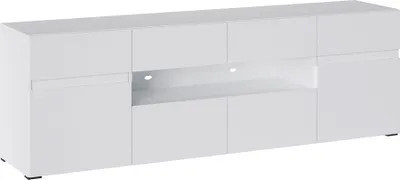 A white TV stand with storage compartments and an open shelf with LED lighting.