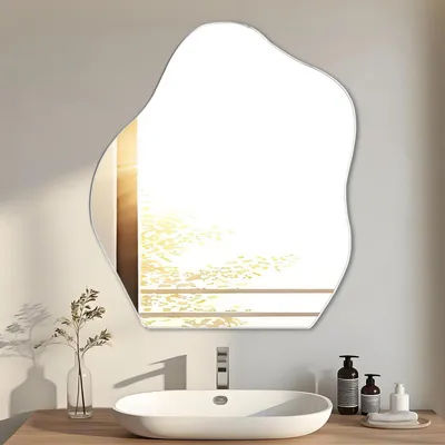 Image de Miroir mural asymétrique, forme organique, sans cadre, verre HD, dimensions 47,7 x 38 cm, adhésif