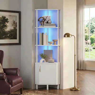 Produktbild von Eck-Bücherregal mit LED - 5-stöckiges Bücherregal - Platzsparend - MDF mit Metallrahmen - Mit Schranktür - Für Wohnzimmer Schlafzimmer Bad - Weiß