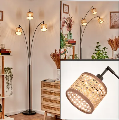 Produktbild von Varoni Stehlampe aus Metall/Rattan/Stoff in Schwarz/Chrom-/Naturfarben/Braun