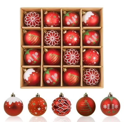 Weihnachtskugeln, 16 Stück, 6 cm, Kunststoff, 5 Designs, rot/grün/weiß