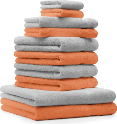 Produktbild von Betz 10-tlg. Handtuch-Set PREMIUM 2 Duschtücher 4 Handtücher 2 Gästetücher 2 Waschhandschuhe Farbe: orange & silbergrau