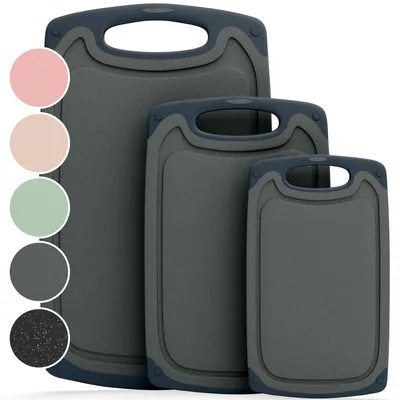 Immagine prodotto di Set di taglieri Blumtal con 3 colori (S/M/L) - Tagliere in plastica + scanalature per il succo e manico - Senza BPA e lavabile in lavastoviglie - Grigio