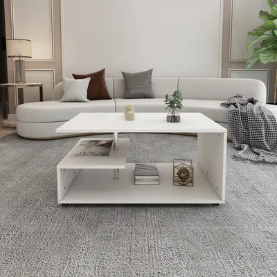 Produktbild von ML-Design konferenčný stolík / stolík, biely, s kovovou ozdobnou tyčou, 91x41x52,6 cm, moderný priestranný rozkladací stolík s policami na 3 úrovniach
