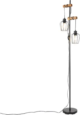 Zdjęcie produktu dla Rustykalna lampa podłogowa czarna z drewnem 2-światła - Stronk