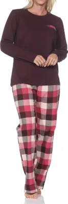 Produktbild von Normann Damen Schlafanzug lang Pyjama mit karierter Flanell Schlafhose ; beere , 36
