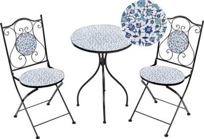A black metal bistro set with blue and white mosaic tile accents on the table and chairs, set against a white background.