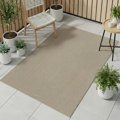 Produktbild von Teppich Outdoor grafisches Linienmuster wetterfest Terrasse Balkon Beige Größe - 80 x 150 cm