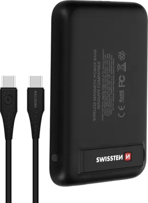 Productafbeelding van Swissten 5000mAh MagSafe powerbank met magnetische en kleefpad, USB-C 20W – Zwart