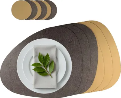 Produktbild von Platzset 6er Set, 2in1 Wende-Tischunterlage Kunstleder oval, Platzdeckchen 40x31cm 6er Set inklusive Glasuntersetzer