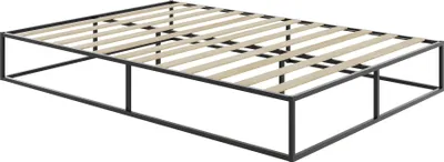 A black metal bed frame with wooden slats, shown from a diagonal angle against a white background.