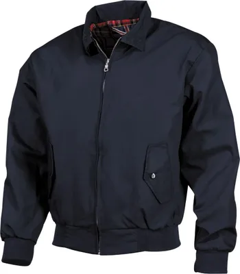 A navy blue jacket with a plaid lining is shown against a white background.