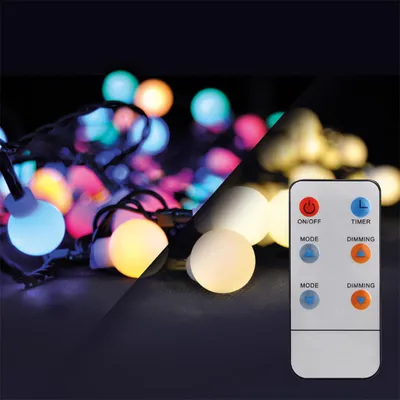 Productafbeelding van Solight 2-in-1 LED-kerstverlichting voor buiten: Lichtslingers met bolletjes, afstandsbediening, 100 LED's (RGB + wit), 10 meter + 5 meter, 8 functies, beschermingsklasse IP44, 1V08-RGB