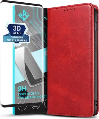 Produktbild von Handyhülle für Samsung Galaxy S10 mit 9H Displayglas Kunstleder Flip Cover Hülle Handytasche Case Kartenfach Farbe: Rot