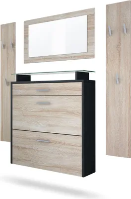 Produktbild von Vladon Garderobe Malea, Garderobenset bestehend aus 1 Hängeschuhschrank, 1 Wandspiegel und 2 Garderobenpaneele, Schwarz matt/Eiche Sägegrau