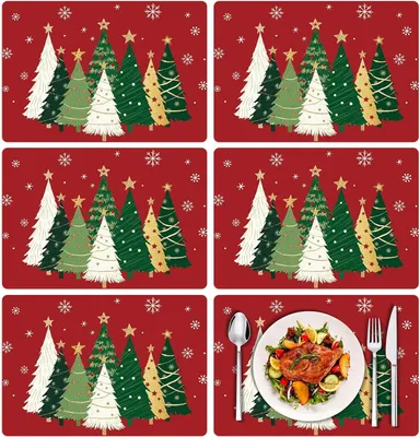 Produktbild von 6 Stš¹ck tischset Weihnachten, Weihnachtsbaum rot platzset, 40 * 30cm Tischsets Platzsets Abwaschbar und Hitzebest?ndig fš¹r weihnachtsfeiern bankette tischdeko Weihnachten Set