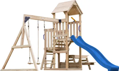 Produktbild von AXI Mette Spielturm aus Holz mit 2 Schaukeln | XXL Spielhaus / Spielplatz für Kinder mit Picknicktisch, Sandkasten & Rutsche, Blau | Schaukelgerüst für den Garten