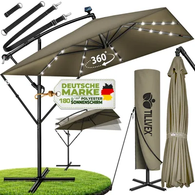 Obrázek produktu pro tillvex® Hliníkový slunečník obdélníkový Ø 330 cm s LED solární hnědou + kryt s kličkou | konzolový slunečník se stojanem a větrnou clonou | zahradní slunečník s UV ochranou, vodotěsný, otočný o 360° | slunečník s kličkou na trhu