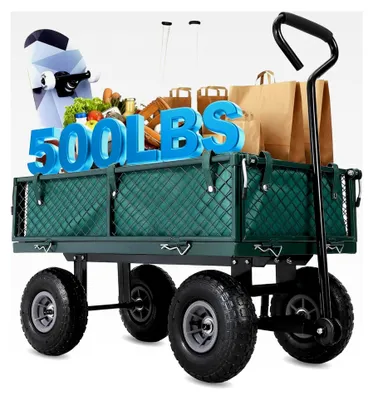 Produktbild von Gartenwagen mit abnehmbaren Seiten und Luftreifen, belastbarer Transportwagen mit 180° drehbarem Griff für Garten- und Outdoor-Einsätze