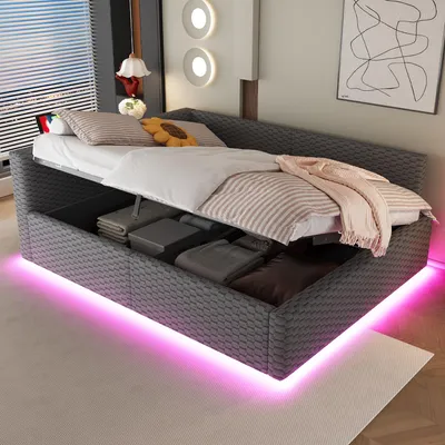 Produktbild von MODFU Schlafsofa Funktionsbett 140x200 mit LED-Beleuchtung Doppelbett Kinderbett mit Stauraum Polsterbett mit Tape-C und USB-Anschlüssen Hydraulischem Bettgestell ohne Matratze Grau